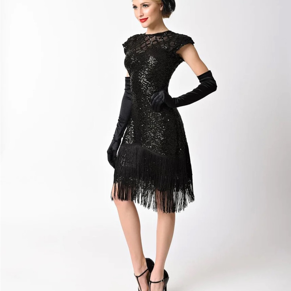 Unique Vintage 1920s Black Sequin Fringe Del Mar Flapper Dress - XL/14